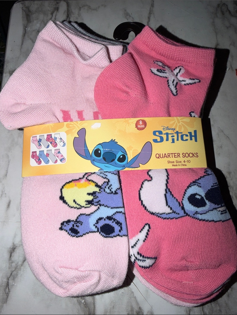 Disney Stitch Quarter Socks 8pairs  - Light Pink & Light Blue